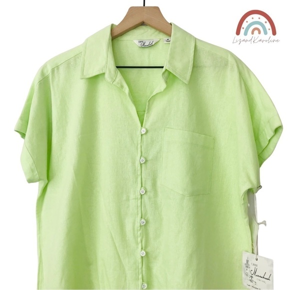 New! Linen Button Down Lime Oversized Camp ShirtTop - Picture 4 of 11
